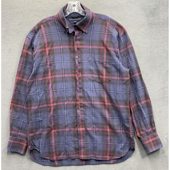 Vtg Tommy Hilfiger Button Down Shirt Men's Blue Plaid Check Long Sleeve Large - Picture 1 of 16